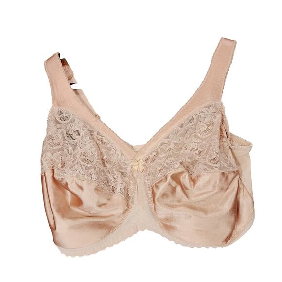 Glamorise Bra sz 42 I Wirefree Comfort Straps Beige‎ Tan Full Women Floral Lace - Picture 1 of 8